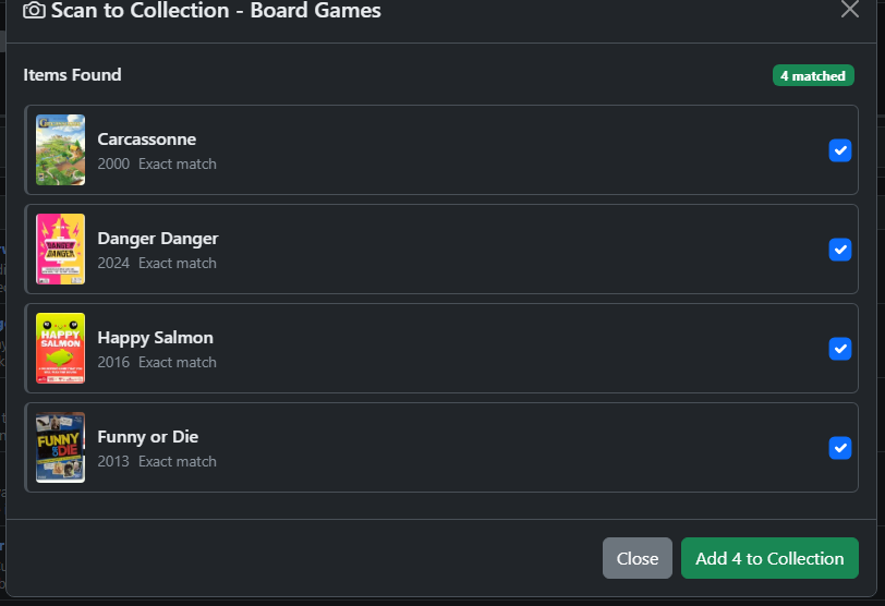 Scan to Collection - matched board games