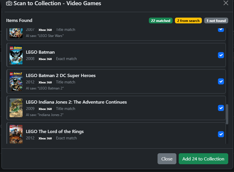 Scan to Collection - matched video games