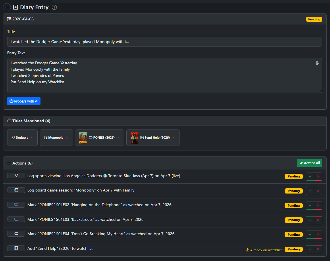 AI Diary - freeform text parsed into individual actions