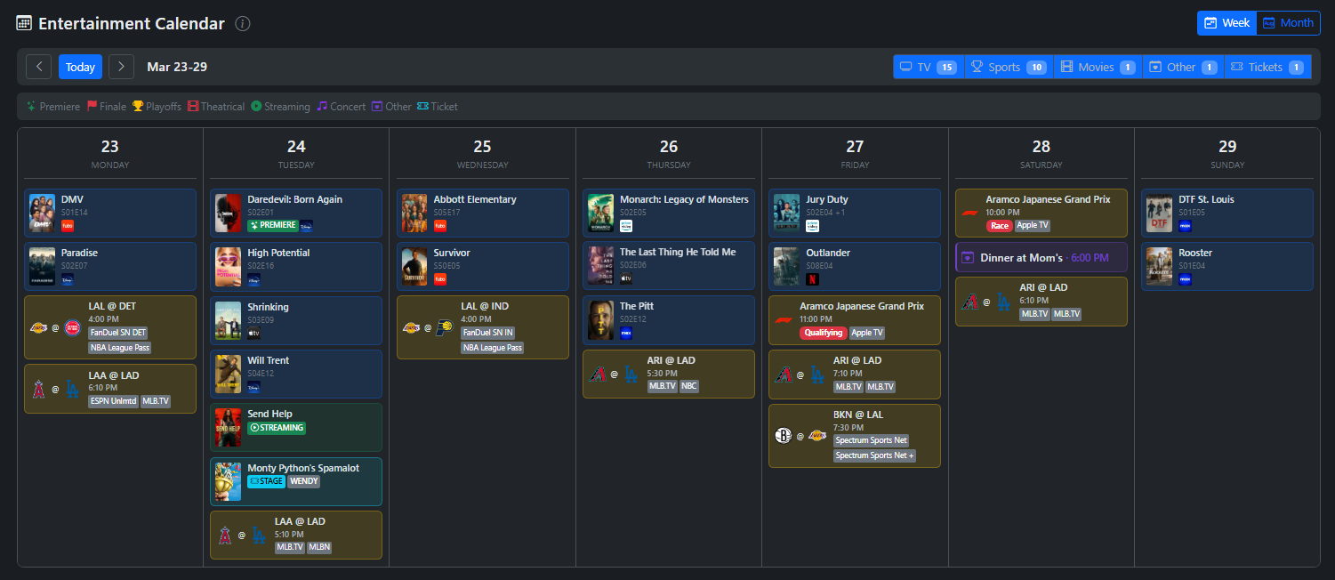 Entertainment Calendar - TV, sports, movies, concerts in one week view