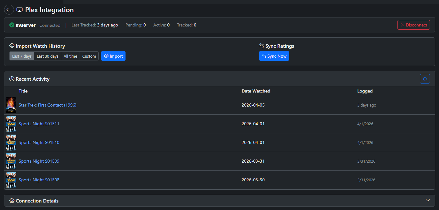 Plex Integration - auto-track movies and TV