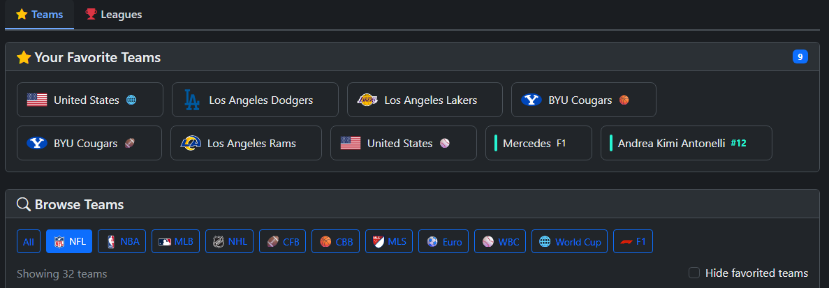 Your favorite teams across all leagues