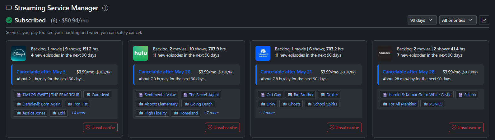 Streaming Service Manager - subscribed services with cancel dates