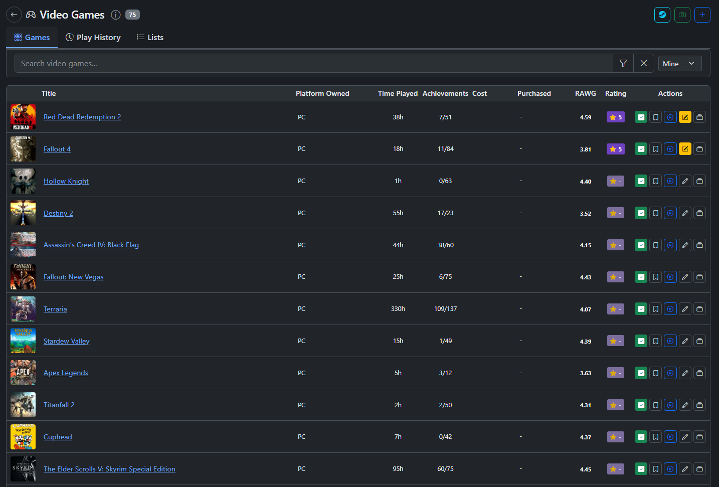 Steam library - games with playtime and achievements